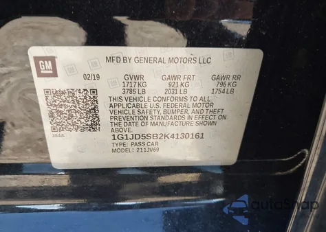 2019 Chevrolet Sonic Lt Auto z USA, uszkodzony, nr VIN 1G1JD5SB2K4130161